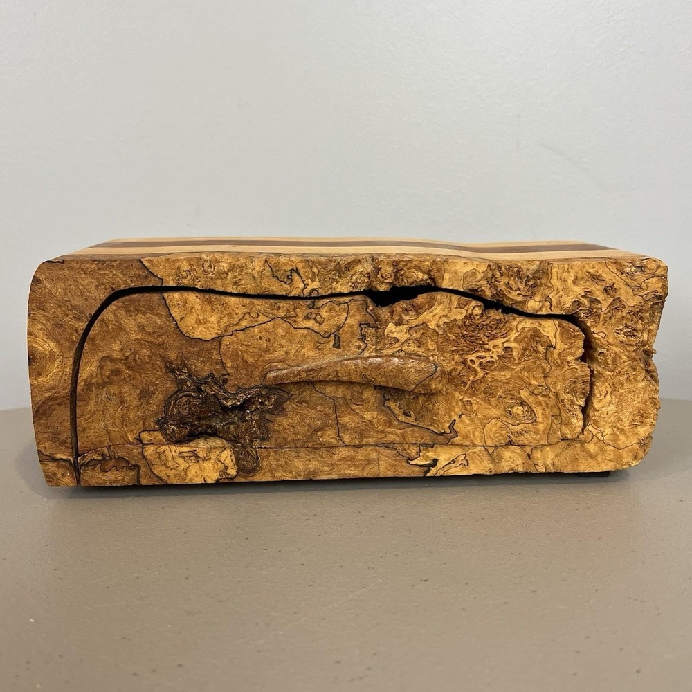 Burl Wood Live Edge Trinket Box with Drawer Inside Lined Signed